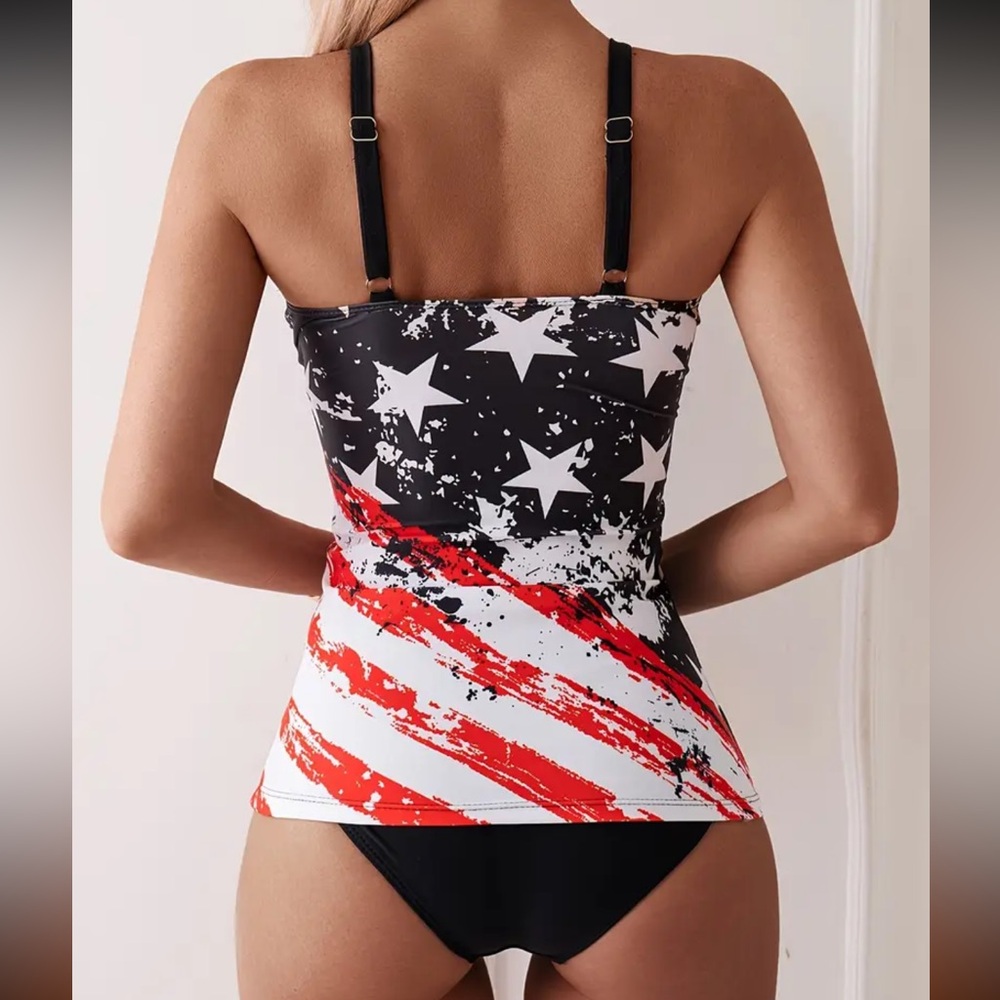 American Flag Stars Stripes Black Tankini Swimsuit - Picture 3 of 7